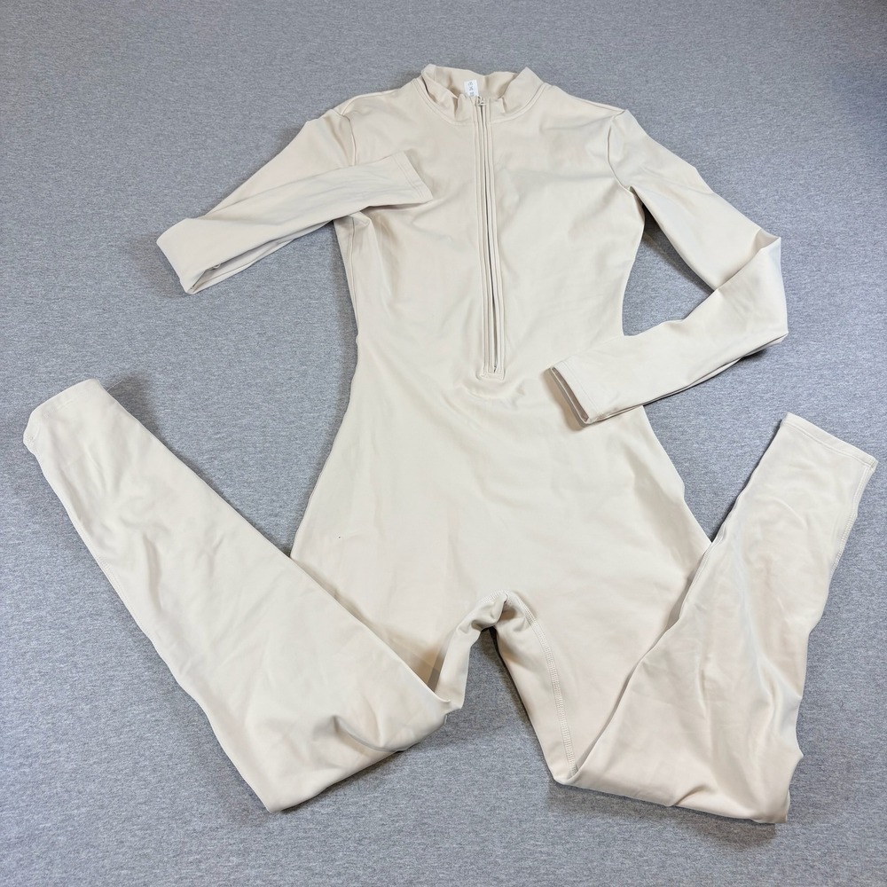 Base Layer Jumpsuit Womens Size Medium Beige Long Sleeve Half Zip Activewear Ski